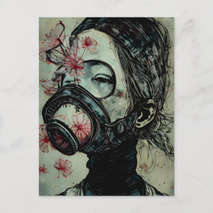 Carte Postale Femme dans un masque à gaz avec fleurs