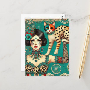 Carte Postale Femme de cirque et chat