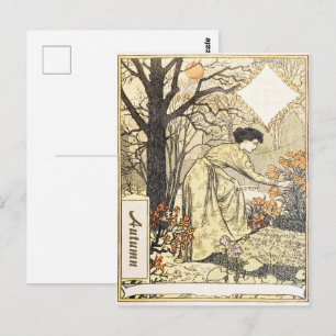 Carte Postale Femme de jardin automnal Art Nouveau de novembre v