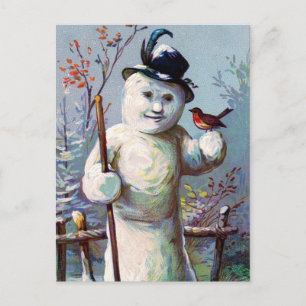 Carte Postale Femme de neige et oiseaux dans le jardin d'hiver