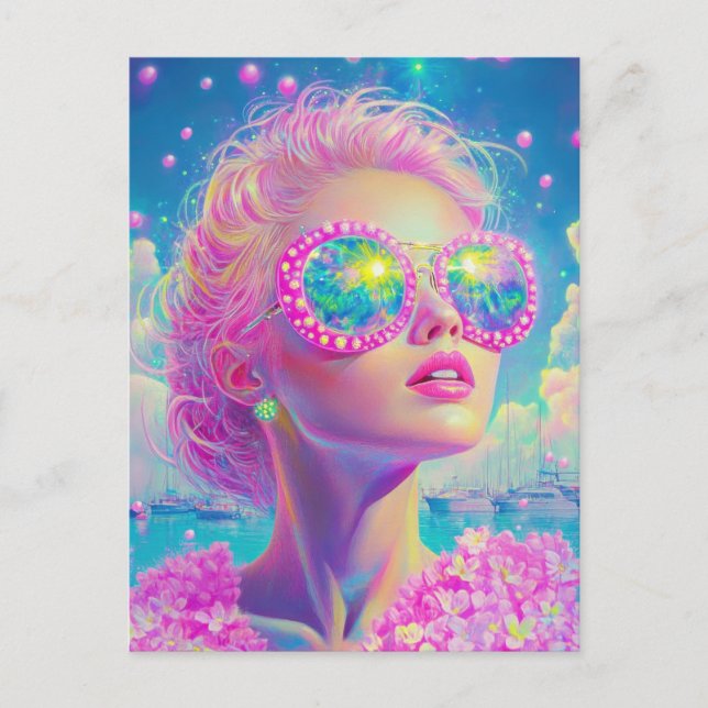 Carte Postale Femme de Néon glamour avec lunettes étincelantes (Devant)