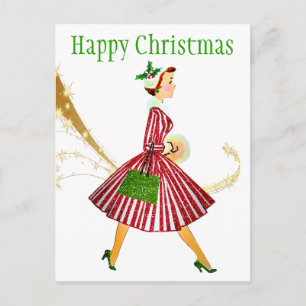Carte Postale Femme de Noël vintage 1950 avec des cadeaux