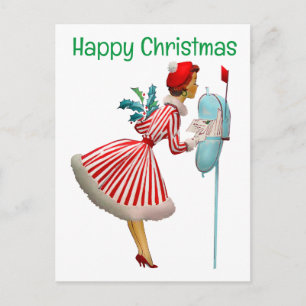Carte Postale Femme de Noël vintage 1950 avec des cadeaux