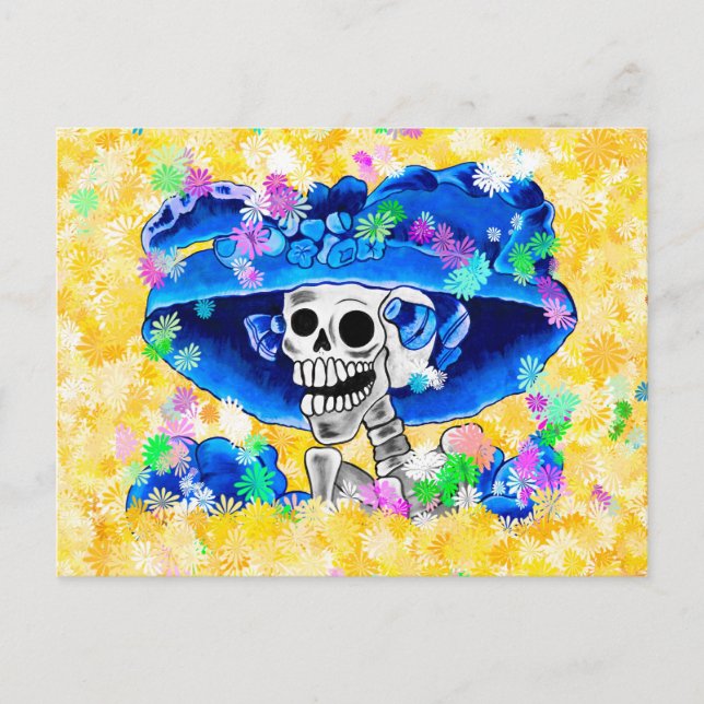Carte Postale Femme de squelette en Bonnet Bleu sur Jaune (Devant)