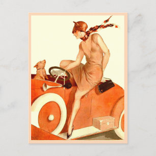 Carte Postale Femme des années 1920, voiture et chien