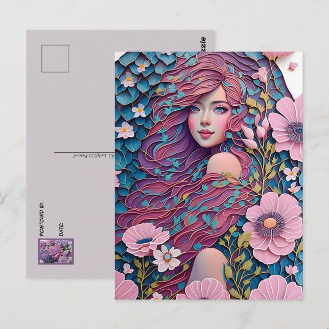 Carte Postale Femme en fleurs pastel, Point de passage (Devant / Derrière)