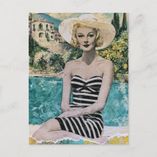Carte Postale Femme en maillot de bain noir et blanc au bord de