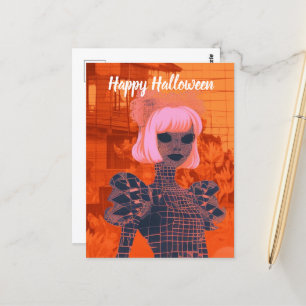Carte Postale Femme en Orange et Halloween rose