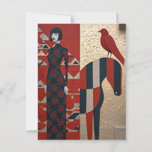 Carte Postale Femme en robe fleurie, à damiers cheval & redbird