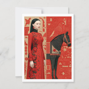 Carte Postale Femme en robe rouge fleurie & cheval noir