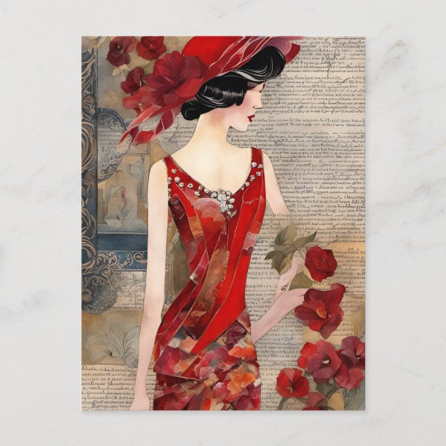 Carte Postale Femme en robe rouge Médias mixtes (Devant)