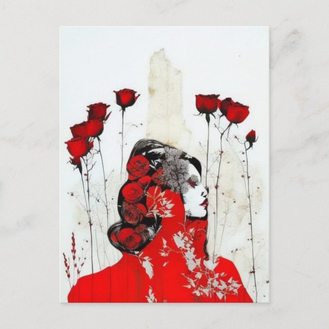 Carte Postale Femme en rouge avec des roses rouges (Devant)