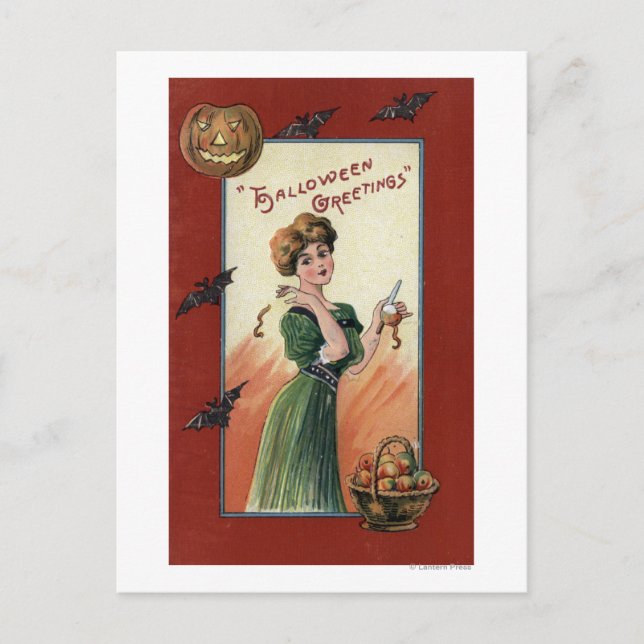 Carte Postale Femme en vert robe Peeling Pomme (Devant)