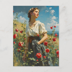 Carte Postale Femme et rose Vintage