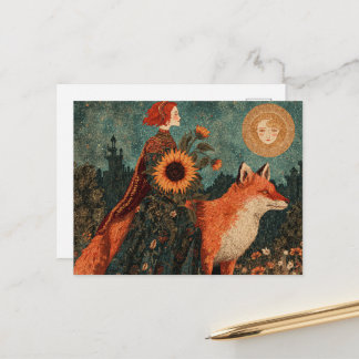 Carte Postale Femme Fantastique et son Renard Rouge