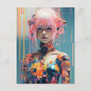 Carte Postale Femme Futuriste aux Cheveux Roses