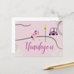 Carte Postale Femme Golfeur et Golf Panier Merci thème rose