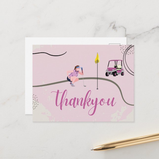 Carte Postale Femme Golfeur et Golf Panier Merci thème rose (Devant/Arrière en situation)