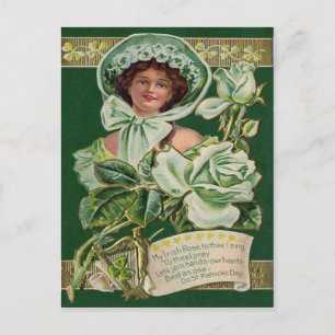 Carte Postale Femme Irlandaise Rose Shamrock Pipe en Argile Harp
