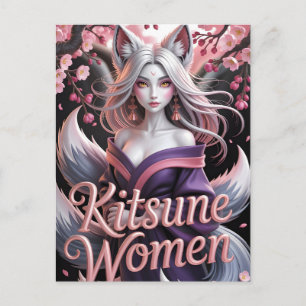 Carte Postale Femme Kitsune Blanche Élégante avec Fleurs de Saku