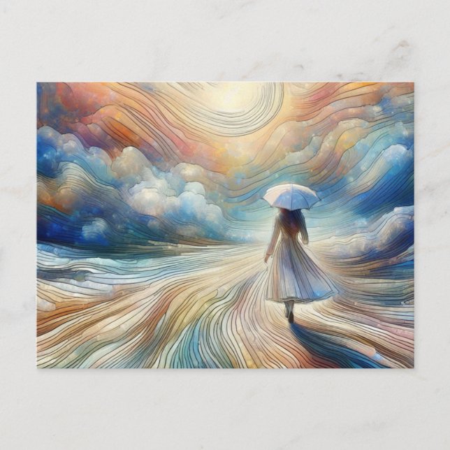 Carte Postale Femme marchant avec Umbrellla (Devant)