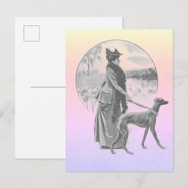 Carte Postale Femme marchant greyhhdog vintage (Devant / Derrière)