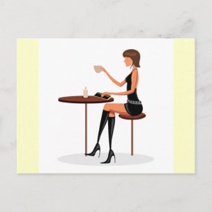 CARTE POSTALE FEMME MODE PARIS CAFÉ CAFÉ CAFÉ NOIR CUIR FROID