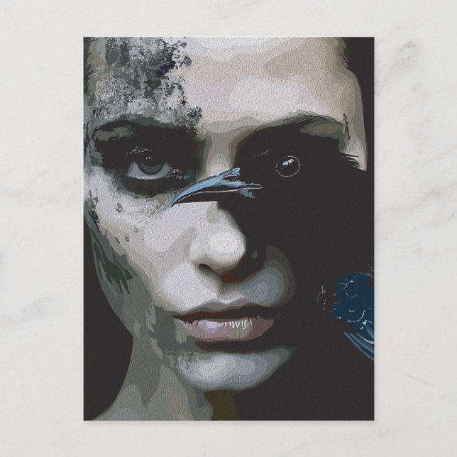 Carte Postale Femme mystérieuse avec corbeau (Devant)