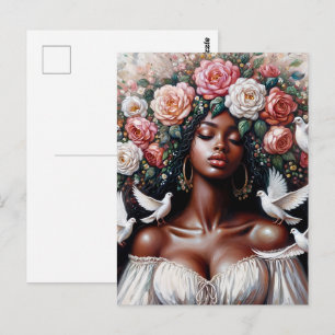 Carte Postale Femme noire avec fleurs et colombes Art floral