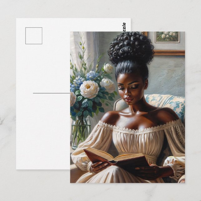 Carte Postale Femme Noire Classique Lisant Un Livre (Devant / Derrière)