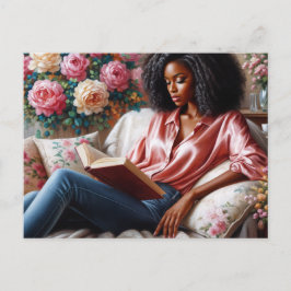 Carte Postale Femme Noire En Lecture Rose Art Floral