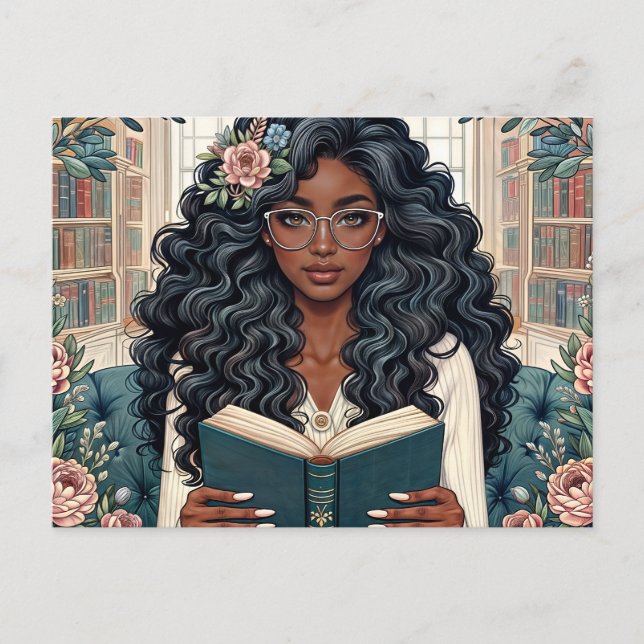 Carte Postale Femme Noire Lecture Livre Portant des lunettes (Devant)