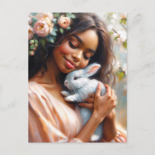 Carte Postale Femme Noire Souriant Avec Fleur de Lapin Mignon