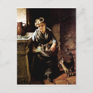 Carte Postale Femme nourrice chats peinture antique