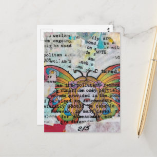 Carte Postale Femme papillon hippie Collage de techniques mixtes