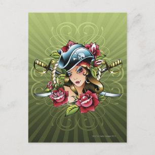 Carte Postale Femme pirate avec roses et épées
