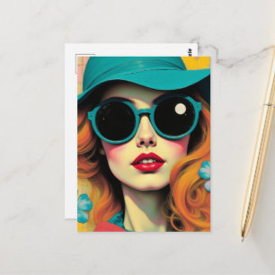 Carte Postale Femme Rétro Lunettes de Soleil et Chapeau Assortis