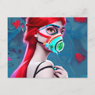 Carte Postale Femme rouge haïe dans un masque à gaz Art IA