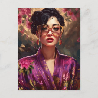Carte Postale Femme Sexy en Nuisette de Soie et Lunettes de Sole