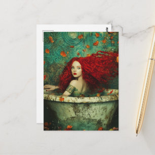 Carte Postale Femme sirène aux cheveux roux dans une baignoire