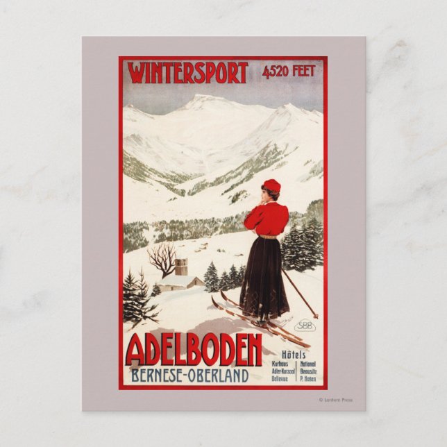 Carte Postale Femme Skier Vue sur Adelboden Poster (Devant)