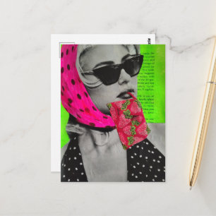 Carte Postale Femme superbe avec collage de sac à main aux frais