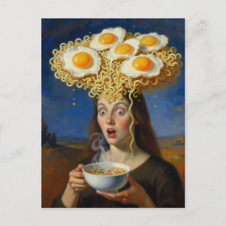Carte Postale Femme surréaliste avec ramen et œufs dans le cerve