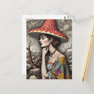 Carte Postale Femme surréaliste avec un chapeau champignon