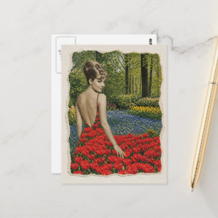 Carte Postale Femme surréaliste rétro, sa robe était des tulipes