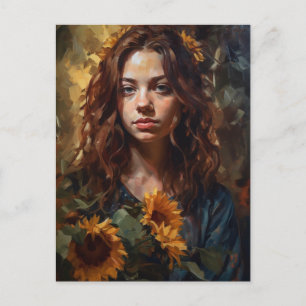 Carte Postale Femme tenant des tournesols