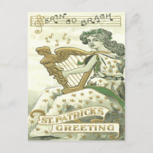 Carte Postale Femme Trèfle Harpe d'Érin Notes de Musique