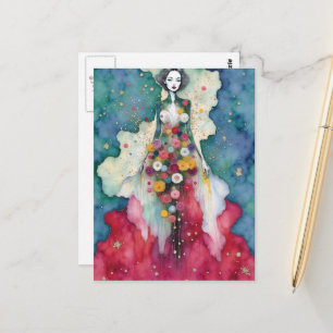Carte Postale Femme Unique Dans Le Jardin Secret Encre Mixte