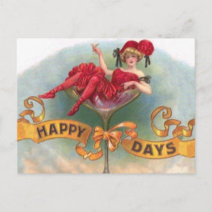 Carte Postale Femme victorienne Champagne Rouge Happy