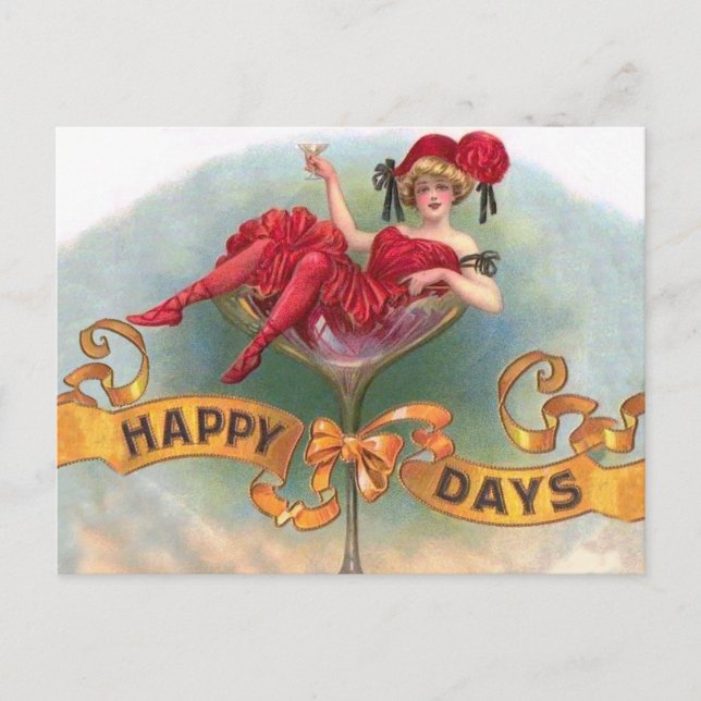 Carte Postale Femme victorienne Champagne Rouge Happy (Devant)